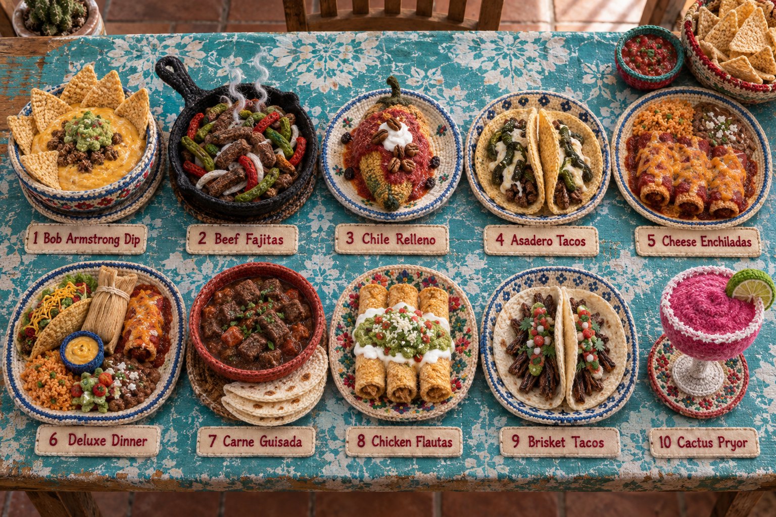 Ten Matt's El Rancho dishes made of knitted and crocheted yarn on a turquoise oilcloth table, each with a stitched label: Bob Armstrong Dip, Beef Fajitas, Chile Relleno, Asadero Tacos, Cheese Enchiladas, Deluxe Dinner, Carne Guisada, Chicken Flautas, Brisket Tacos, and a pink Cactus Pryor margarita.